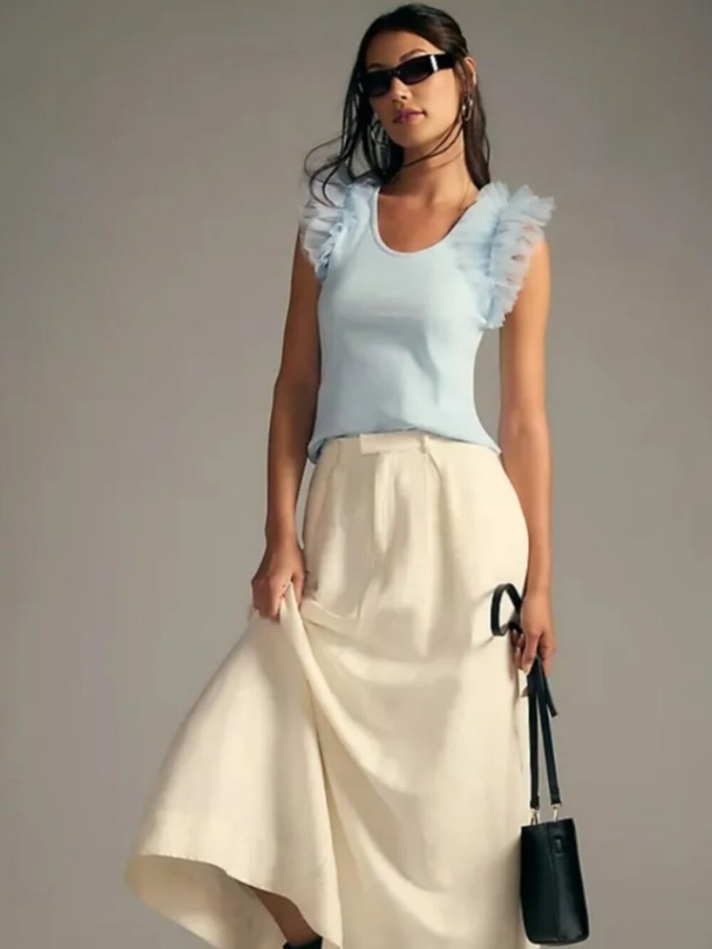 Anthropologie DOLAN Tulle Ruffled Ribbed Knit Tank Top Celeste Blue M NWOT $78
